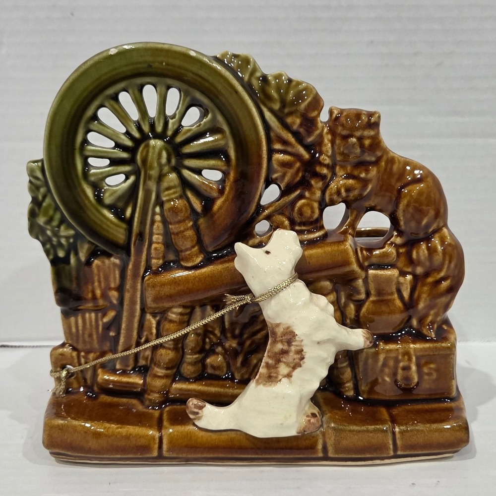 Vintage 1950s McCoy Pottery Spinning Wheel Cat Dog Planter Brown Green Glaze